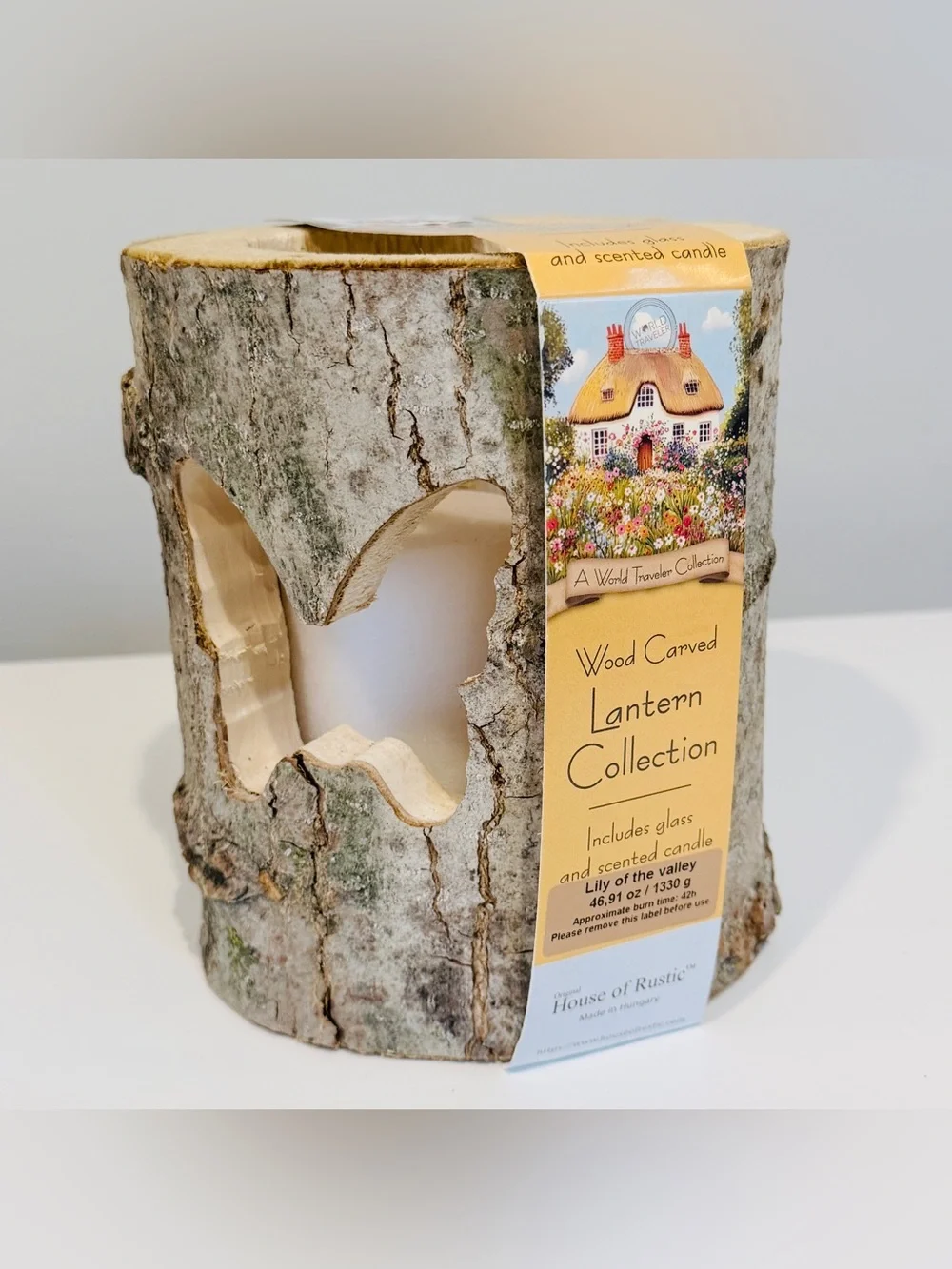 NEW Wood Carved Candle Lantern Holder - Natural Bark Finish
